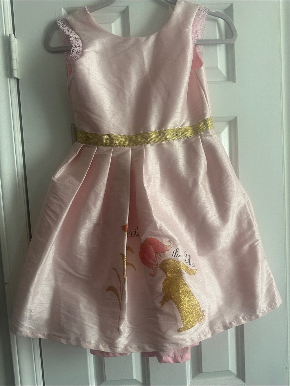 Girls' Pink Floral Bunny Formal Dress with Gold Waist